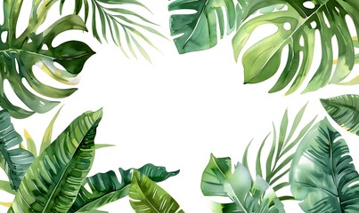 Fototapeta na wymiar watercolor illustration flat lay tropical green plants and leaves copy space background,Generative AI 