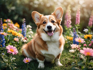 Happy domestic corgi dog in a blooming garden of a country house