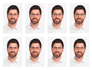 Passport photo, collage. Man on white background, set of photos