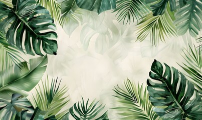watercolor illustration flat lay tropical green plants and leaves copy space background,Generative AI 