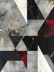 Abstract geometric shapes in various shades of gray,black and red and black.