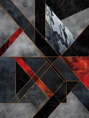 Abstract geometric shapes in various shades of gray,black and red and black.