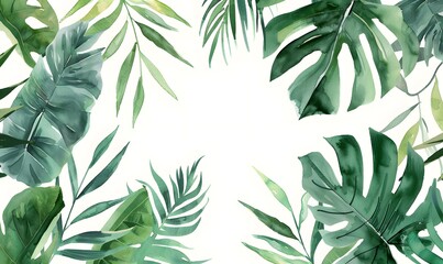 Fototapeta premium watercolor illustration flat lay tropical green plants and leaves copy space background,Generative AI 