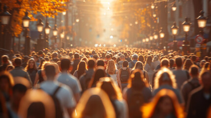Crowd of People Walking Down Street at Sunset