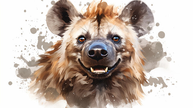hyena portrait, head on white background, illustration of paint spots watercolor style print