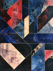 Abstract geometric shapes in various shades of blue,red and black background 
