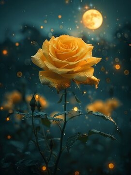 a yellow rose with a full moon in the background, digital art, by Adam Marczynski, pixabay contest winner
