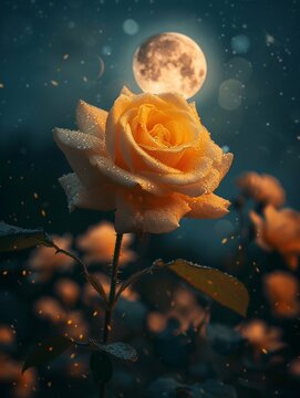 a yellow rose with a full moon in the background, digital art, by Adam Marczynski, pixabay contest winner