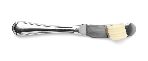 Butter curl on knife isolated on white, top view