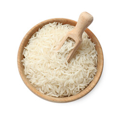 Raw basmati rice in bowl and scoop isolated on white, top view