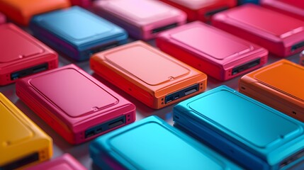 A collection of external hard drives in various colors and capacities, providing reliable storage solutions for digital data, positioned on a solid background
