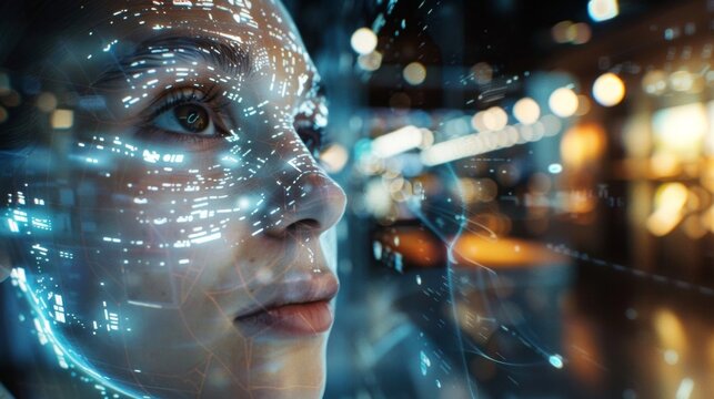 Closeup of a customers face illuminated by the holographic image of a stores virtual entrance inviting them to explore the retail space with AR technology. .