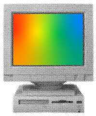 Retro halftone computer. Comp with rainbow screen for pride month. LGBTQ relationships, bisexual and same-sex love concept. Collage element.
