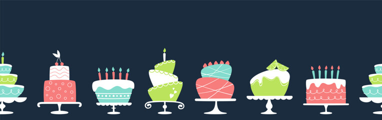 Vector flat seamless border with cakes