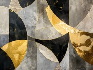 Abstract geometric shapes in various shades of gold, and black