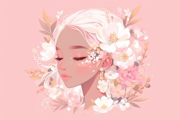 A beautiful woman with flowers and leaves in the style of paper cut style, on a pink background