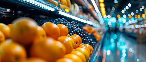 a modern supermarket produce aisle, showcasing an assortment of fresh, vibrant fruits - obrazy, fototapety, plakaty