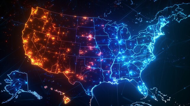 Illuminated digital map of the USA, poised for president election results