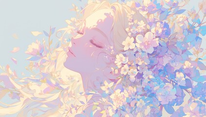 A beautiful woman with flowers in her hair, surrounded by floating petals and blooming plants. The background is a soft pastel color, creating an ethereal atmosphere that enhances the beauty of nature