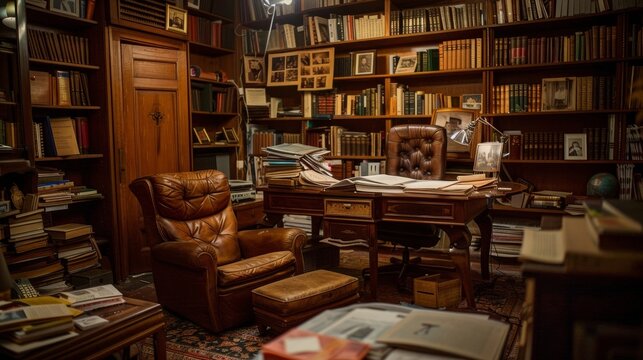 A dimlylit room with a leather armchair a bookshelf filled with journals and memoirs and a desk covered with letters and documents. This image captures the diplomat in their retirement .
