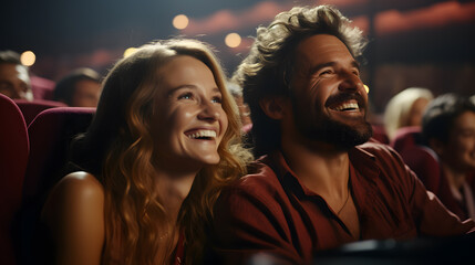 A couple sits and eats a big bucket of popcorn together in a fun, funny, stress-relieving movie theatre. 