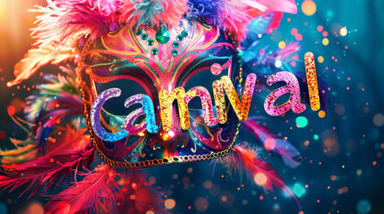 A dazzling Carnival mask adorned with feathers and sequins, accompanied by the word "Carnival" in vibrant typography.