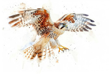 A kestrel hovers, wings beating fast