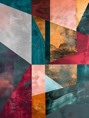 Abstract geometric shapes in various colors, moder backdrop, shapes look like they are overlaid on top of each other, creating a layered effect.