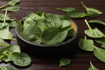 Fresh spinach leaves on wooden table, closeup