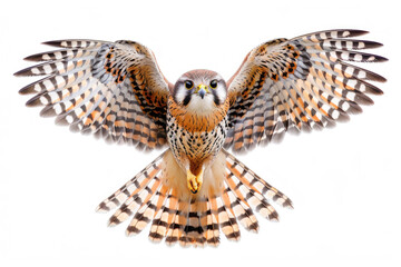 A kestrel hovers, wings beating fast