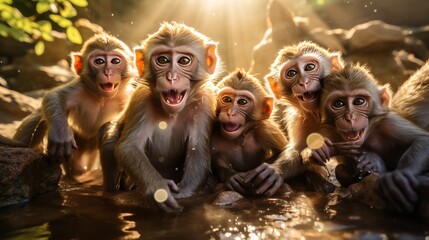 A group of monkeys of various species sitting closely together in a tranquil moment - Powered by Adobe