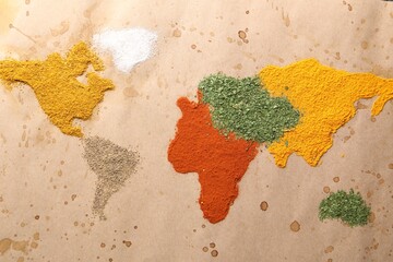 World map of different spices on old paper, flat lay