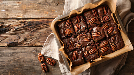 Pecan brownies in a baking tray