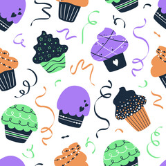Vector flat seamless pattern with cupcakes
