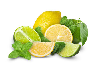 Fresh lime, lemons and mint leaves isolated on white