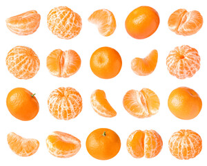 Juicy ripe tangerines isolated on white, set