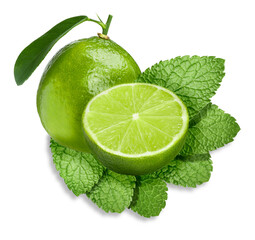 Fresh ripe limes and green mint leaves isolated on white