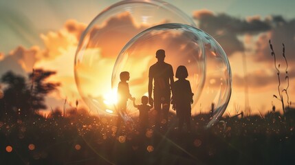 family inside a protective bubble. - obrazy, fototapety, plakaty