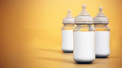 Glass baby bottles with milk isolated on yellow background. 3D illustration - 792677732
