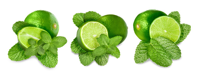 Fresh ripe limes and green mint leaves isolated on white, set - obrazy, fototapety, plakaty