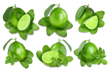 Fresh ripe limes and green mint leaves isolated on white, set