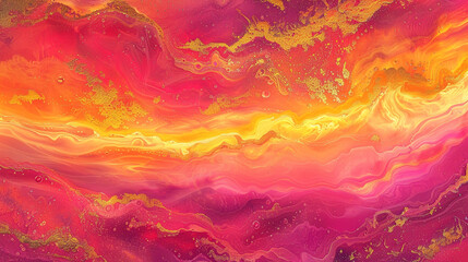 A vibrant sunset in fluid art, with hot pinks, oranges, and gold resembling the sky on fire. Ideal for rooms needing a splash of color. - obrazy, fototapety, plakaty