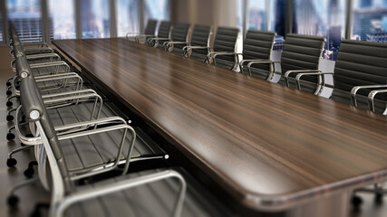 Meeting table and office chairs inside the boardroom. 3D illustration - 792678158