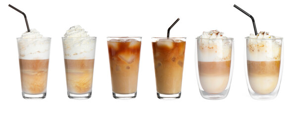 Set of different coffee drinks drinks in cup and glasses on white background