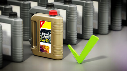 Motor oil can with tick sign stands out among gray cans. 3D illustration - 792678766