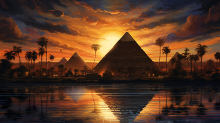 sunset over the pyramid - obrazy, fototapety, plakaty