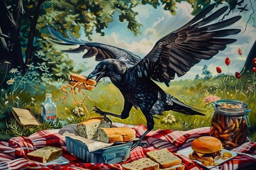 Obraz premium A painting depicting a black bird, resembling a crow, swooping down on a picnic blanket. Generative AI