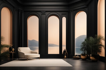 Obraz na płótnie Canvas Dark cozy interior background, loft style living room with big window, 3D rendering