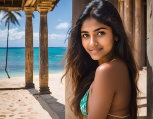 Beautiful Indian Girl in a Lovely Dress at the Beach of the Indian Ocean