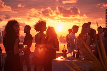 A group of individuals standing together on a rooftop during sunset, enjoying a chic party scene. Generative AI